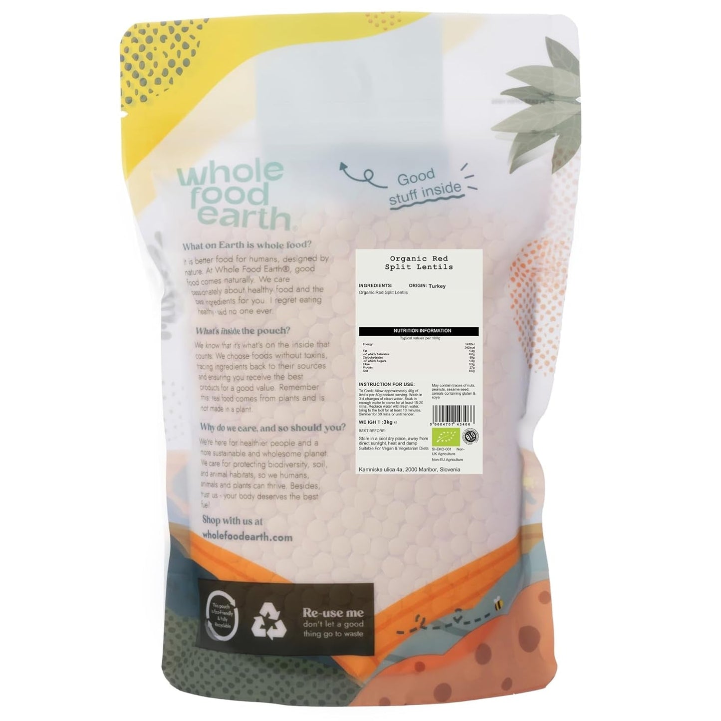 Wholefood Ziemia Organiczna czerwona soczewica dzielona 3 kg Bez GMO Wegańska Wysoka zawartość błonnika Wysoka zawartość białka Z certyfikowanych upraw ekologicznych