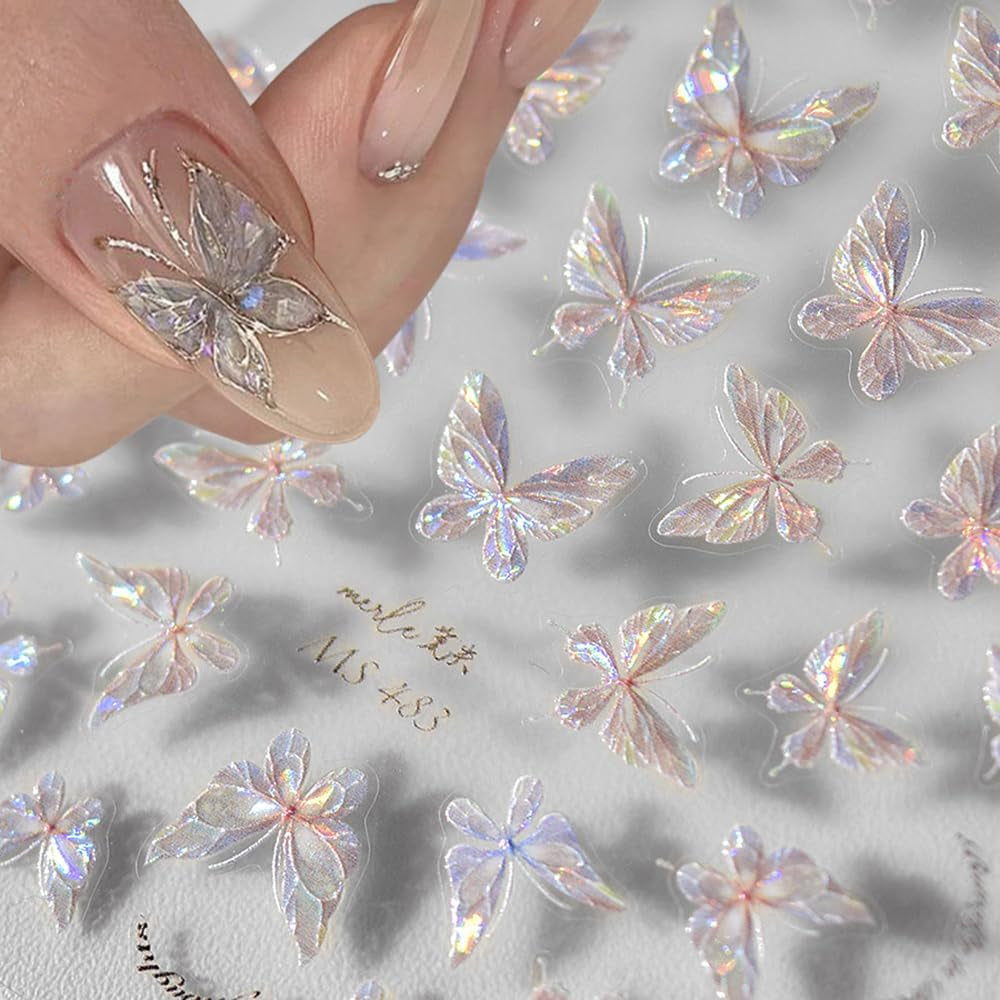 Glänzend Aurora Shell Schmetterling Nagelsticker Selbstklebend,Erleichterung Schmetterlinge Nail Naklejka Rosa Laser Schmetterling Nagelaufkleber Für Frauen Nageldesign Zubehör Nagel Zubehör Nail Art