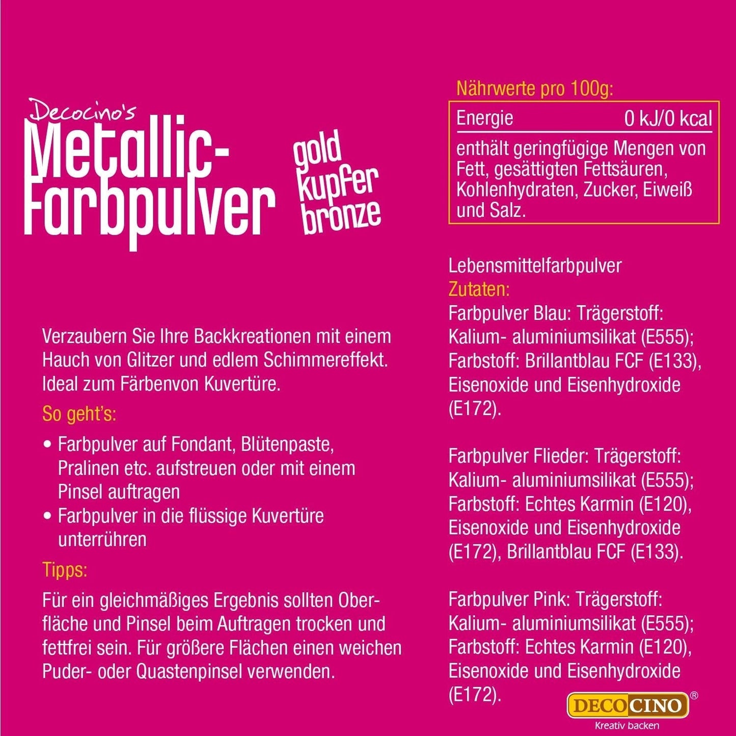 DECOCINO Metallic Pastel Coloring Powder (3X2G) – Niebieski, Liliowy i Różowy – Barwnik spożywczy w proszku – Brokatowy Proszek Nadaje się do kremów i dekoracji ciast!