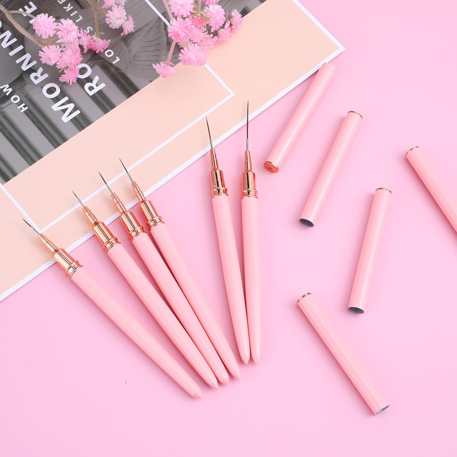 6 Stück Liner Pinsel Nailart Nageldesign Zestaw Pinsel Dünn Acryl Nagelpunkt-Zeichenwerkzeug Nägel Dünne Nagelpinsel Zestaw Für Lange Linien, Dünne Detale, Feines Zichnen 5/7/9/11/15/25 Mm（Rosa）