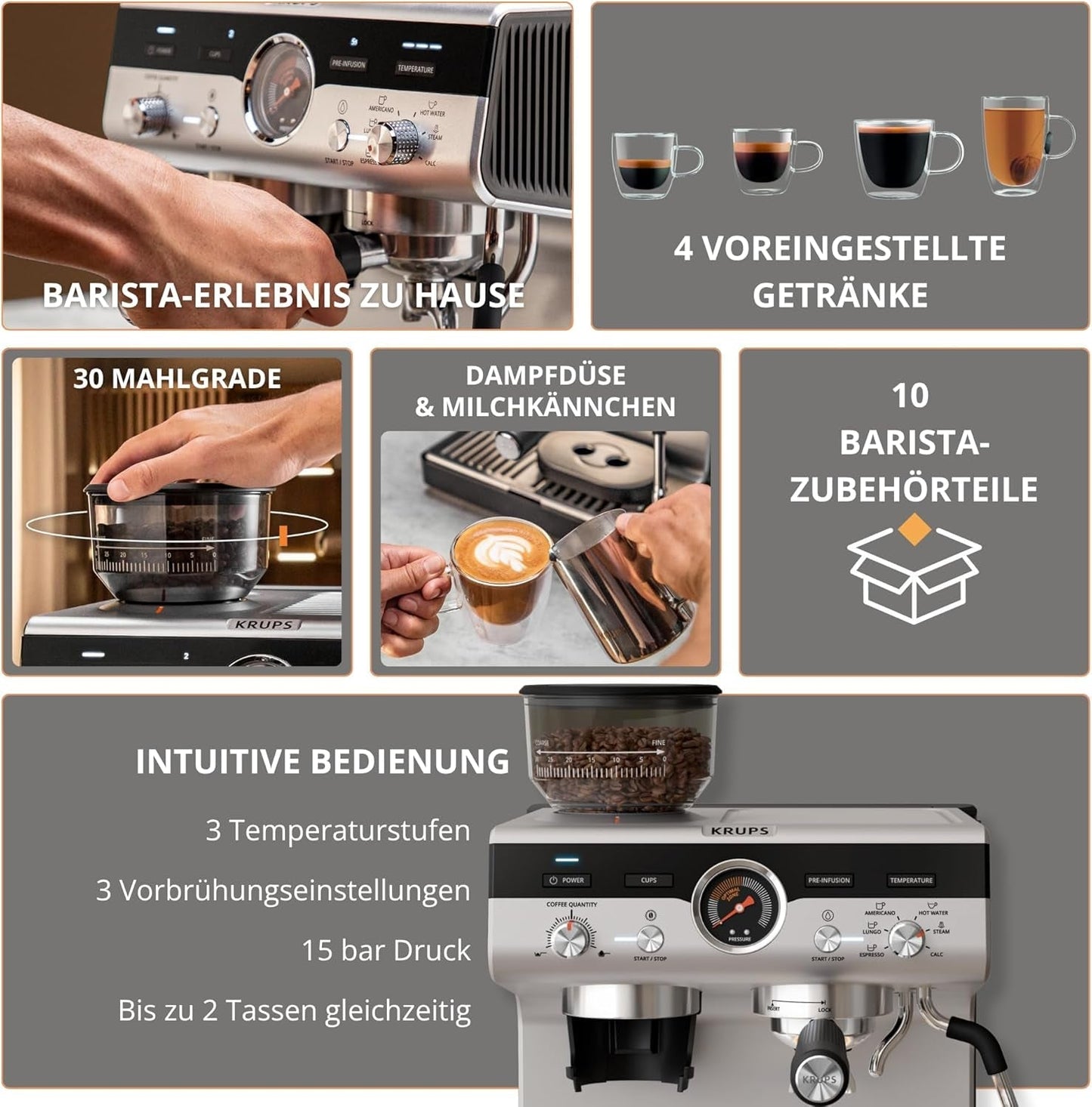 Ekspres ręczny Krups Precision z kolbą i młynkiem, ekspres barista z intuicyjnym panelem sterowania, ustawieniami wstępnego zaparzania, ekspres z dyszą parową, szybkie nagrzewanie, XP801T10