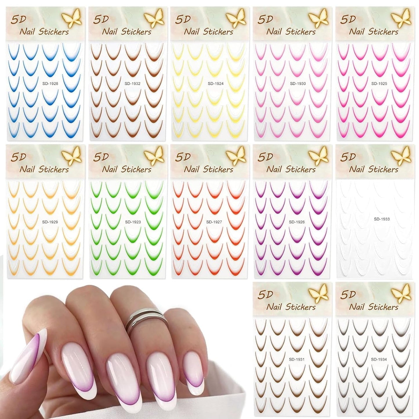12 Stück French Tip Nagelsticker Selbstklebend Bunte French Nails Schablone Nagelaufkleber Naklejki do paznokci Nageldesign DIY Nägel Zubehör(12 Farben)