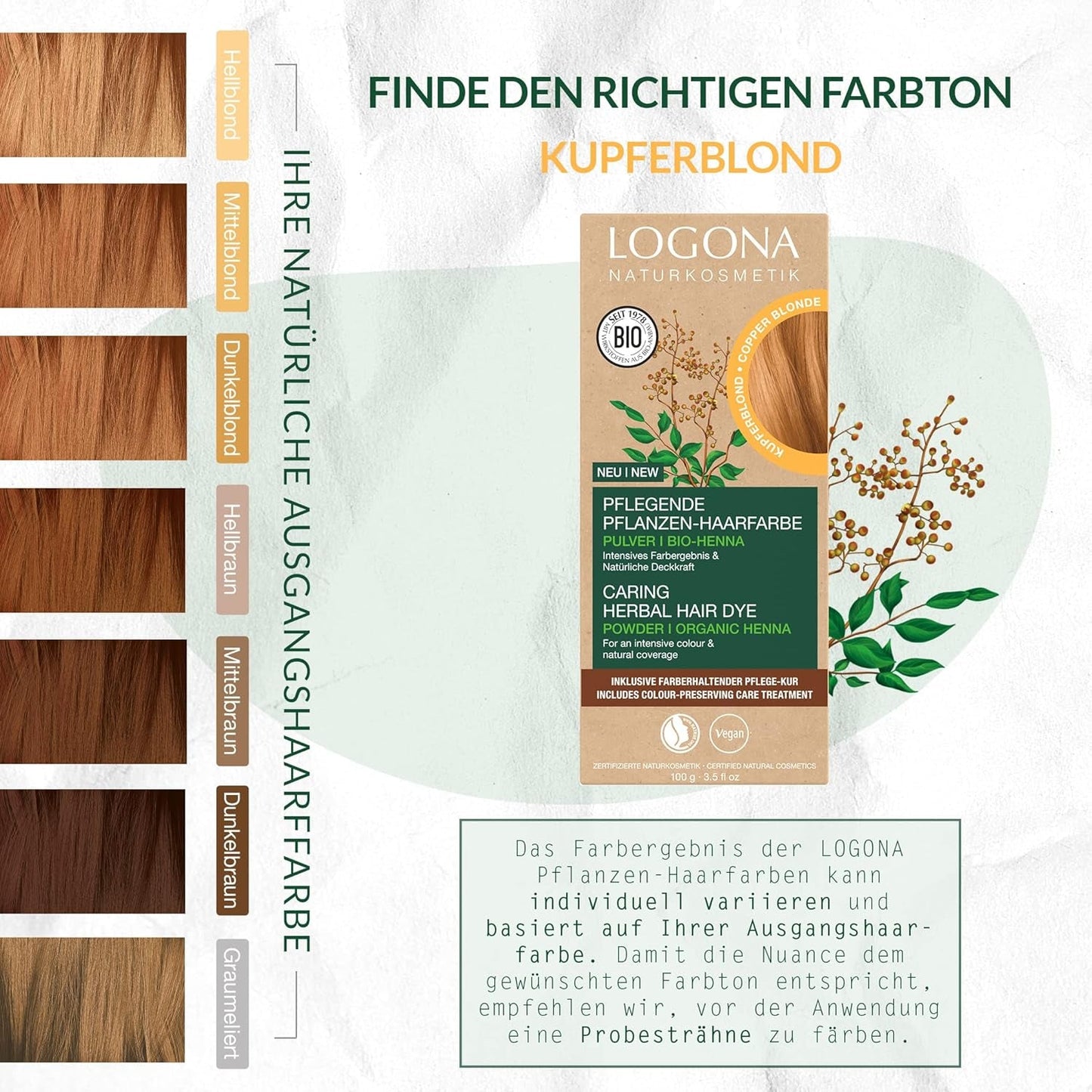 LOGONA Natural Cosmetics Ziołowa odżywcza farba do włosów, organiczna henna w proszku Wegańska farba do włosów dla intensywnego koloru i blasku, ziołowa farba do włosów w kolorze Miedziany Blond (Blond), 1 x 100g Naty Shop Farba do włosów