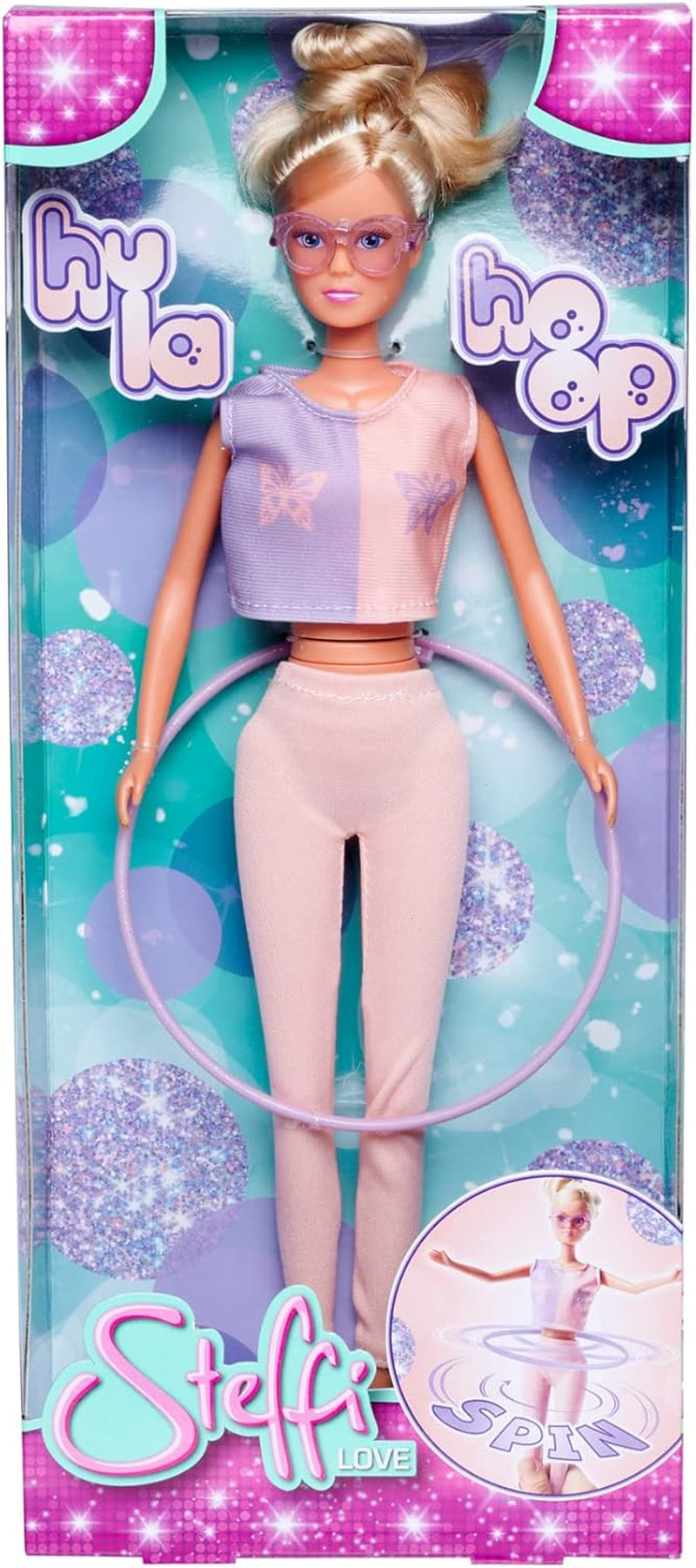 Simba 105733619 - Steffi Love Hula Hoop, zabawka lalka ze strojem sportowym, hula hop i funkcją mechaniczną, 29 cm, wiek 3+