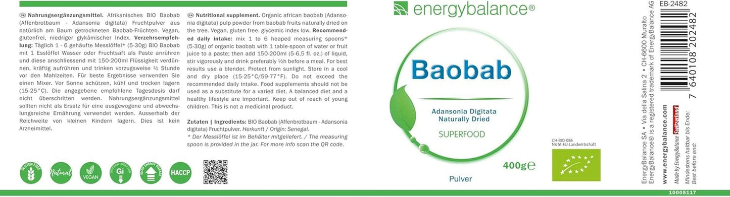 Baobab organiczny proszek - witamina C, wapń, magnez, potas, 400 gram Aromas Naty Shop