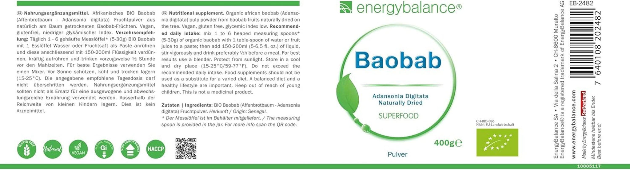 Baobab organiczny proszek - witamina C, wapń, magnez, potas, 400 gram Aromas Naty Shop