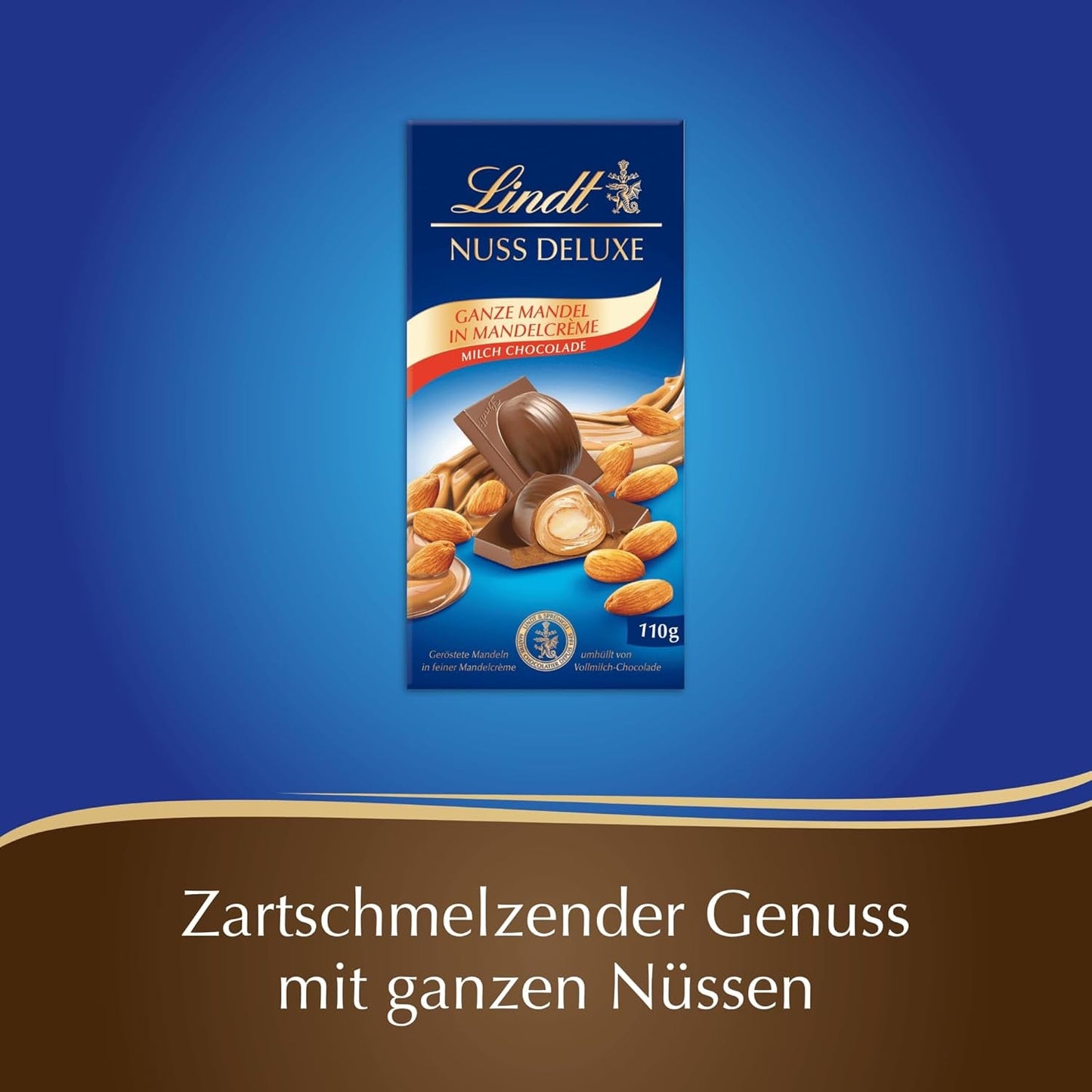 Czekolada Lindta | NUT DELUXE Batonik czekoladowy z mlekiem i migdałami | 110g | Czekolada mleczna z prażonymi migdałami w gładkim kremie migdałowym | Batonik czekoladowy
