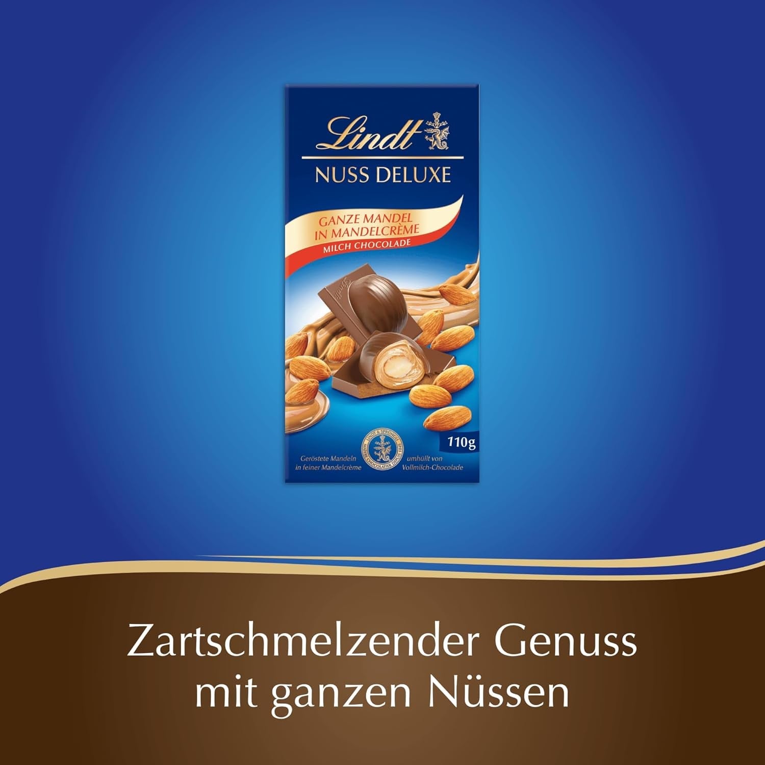 Czekolada Lindta | NUT DELUXE Batonik czekoladowy z mlekiem i migdałami | 110g | Czekolada mleczna z prażonymi migdałami w gładkim kremie migdałowym | Batonik czekoladowy