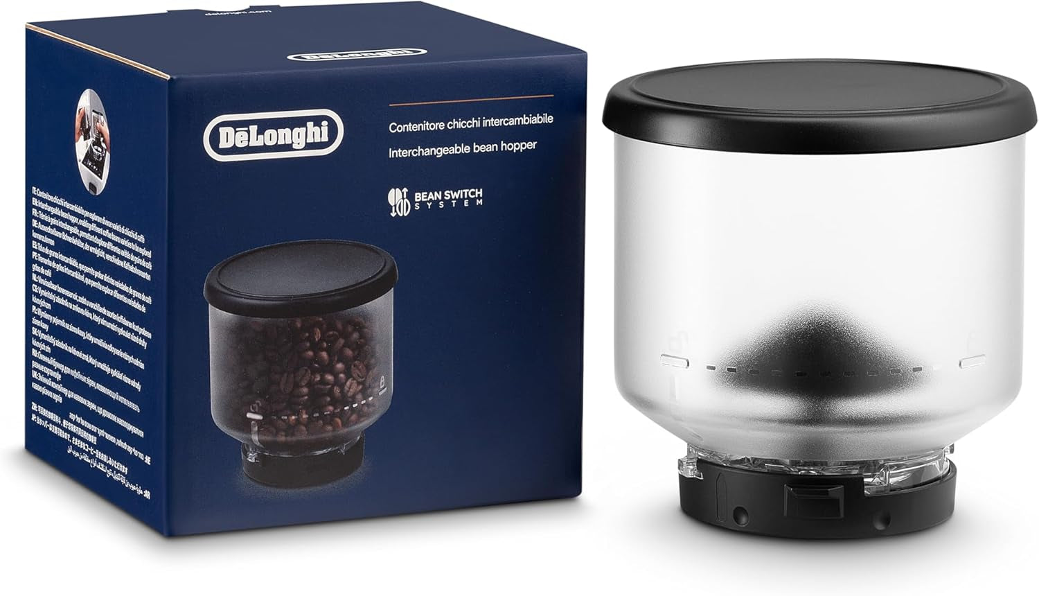 Pojemnik na ziarna kawy De'Longhi DLSC403, wymienny pojemnik na ziarna kawy do automatycznego ekspresu do kawy De'Longhi Rivelia, w komplecie. 250 g ziaren kawy, czarna pokrywka