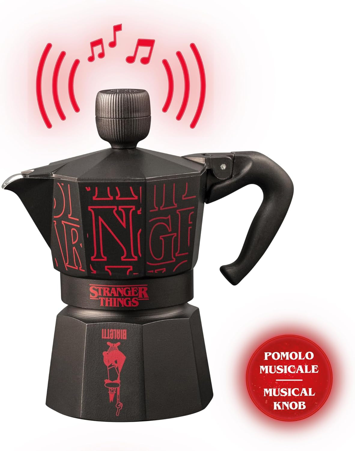 Bialetti Moka Express Stranger Things Ekspres do kawy na 3 filiżanki, Przycisk muzyczny z funkcją ładowania USB-C, Nie nadaje się do płyt indukcyjnych, 3 filiżanki (130 ml), Czarny