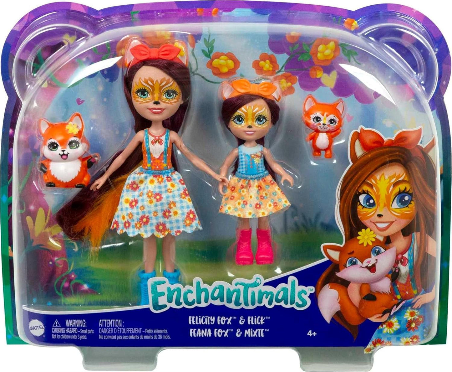 Enchantimals HCF81 - Felicity Fox i jej młodsza siostra (ok. 15 cm i ok. 10 cm) oraz 2 figurki zwierząt, odpinana spódnica i akcesoria, świetny prezent dla dzieci w wieku 3 lat i starszych