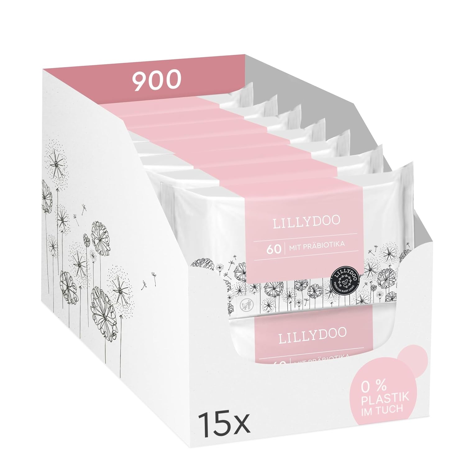 LILLYDOO Zielone chusteczki nawilżane, 600 szt. (10 x 60), odporne na rozdarcia chusteczki w 100% wolne od plastiku - bezzapachowe, delikatne i naturalne, delikatnie oczyszczają wrażliwą skórę, testowane dermatologicznie