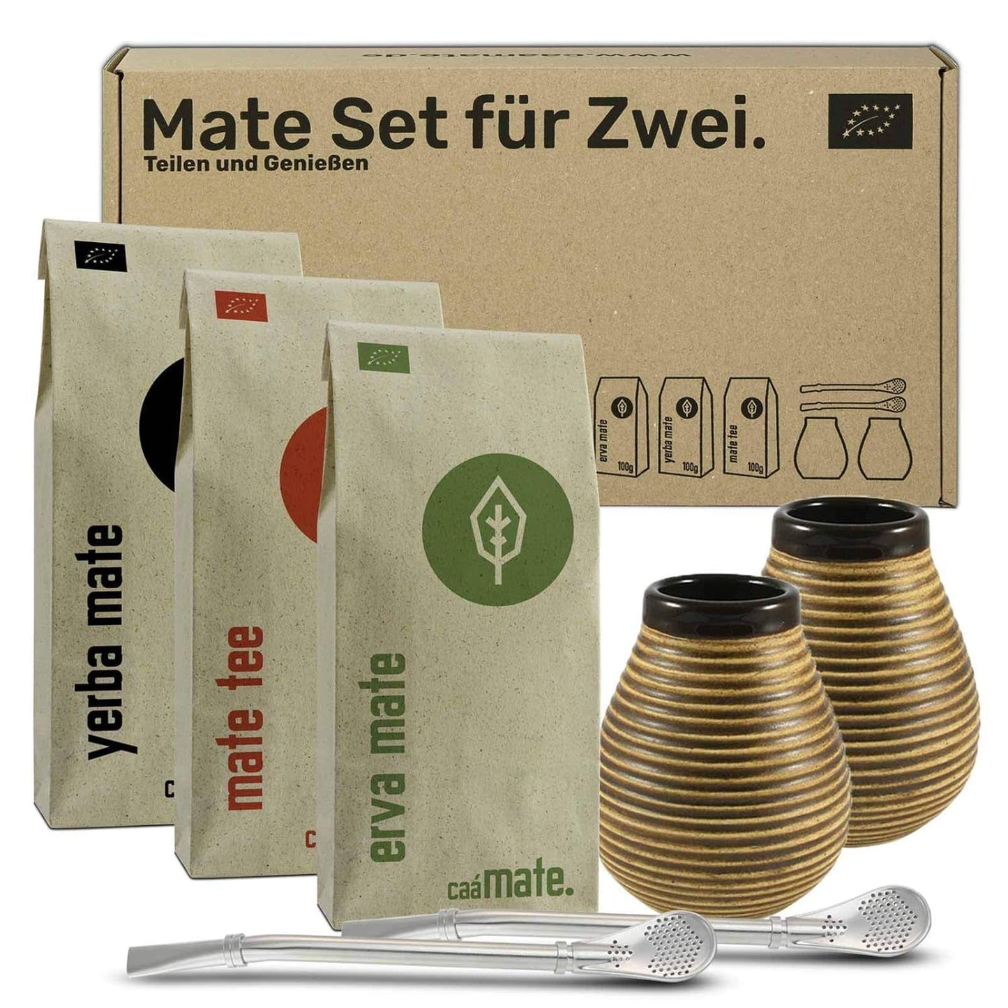 Zestaw do herbaty Mate dla dwojga, organiczny ● 2 filiżanki Mate + 2 bombille + 300 g herbaty Mate + instrukcja przygotowania