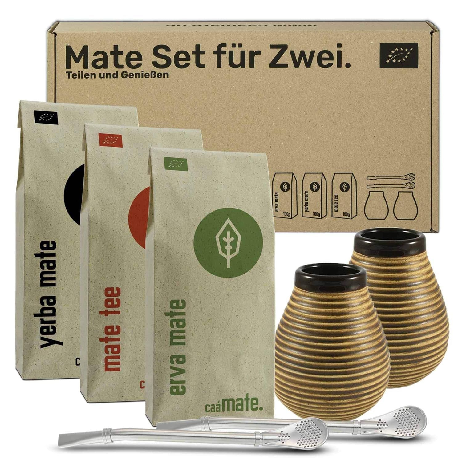 Zestaw do herbaty Mate dla dwojga, organiczny ● 2 filiżanki Mate + 2 bombille + 300 g herbaty Mate + instrukcja przygotowania