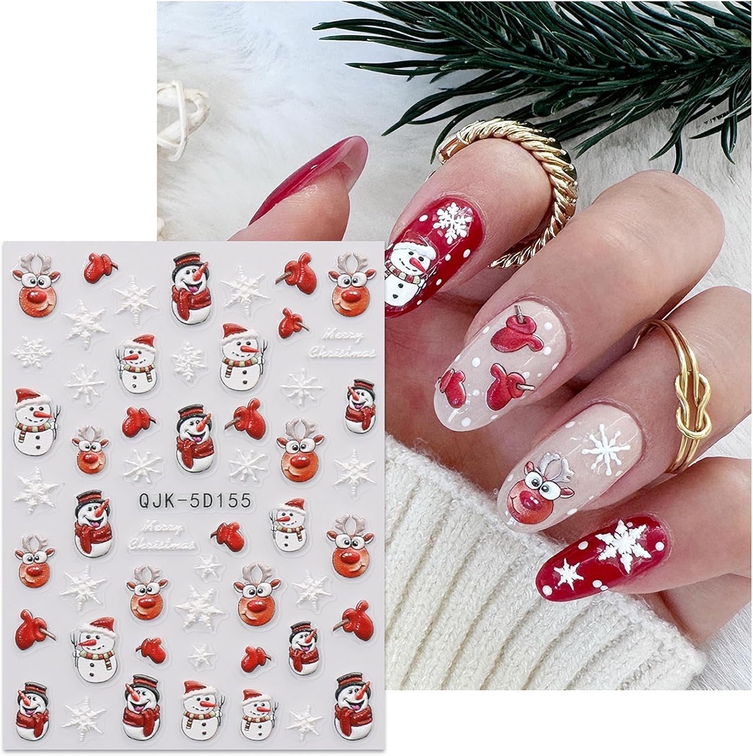 JMEOWIO 3D Nagelsticker Weihnachten Nail Art Naklejka Selbstklebend Nagelaufkleber 5D Stereoskopisch Schneeflocke Xmas Winterurlaub Niedlich Dekoration Nageldesign Zubehör 4 Blatt