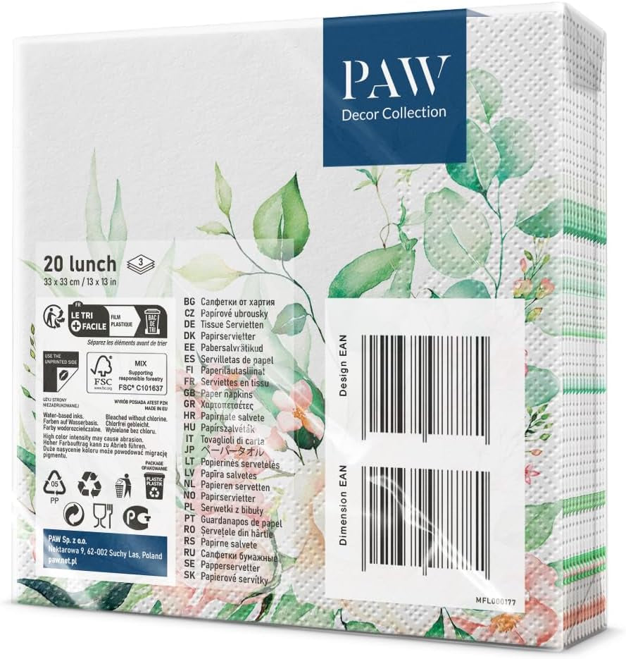 PAW - Serwetki 3-warstwowe (33 X 33 cm) I 20 sztuk I Idealne na urodziny, przyjęcia, wesela, komunie i święta I Kolorowe serwetki papierowe - Kwiaty, Róże I Kolor: Kwiatowe Momenty (2 sztuki w zestawie)
