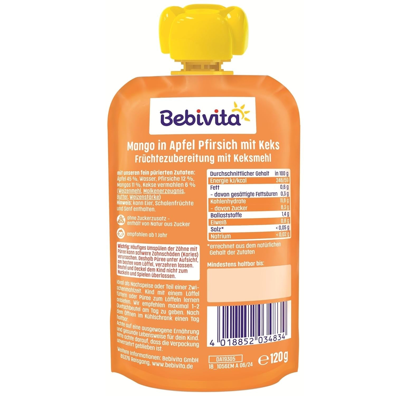 Mango w sosie jabłkowym i brzoskwiniowym z torebką ciastek (6 x 120g), bez dodatku cukru, z łagodnych owoców i wartościowych zbóż, idealne na suchą przekąskę i w podróży.