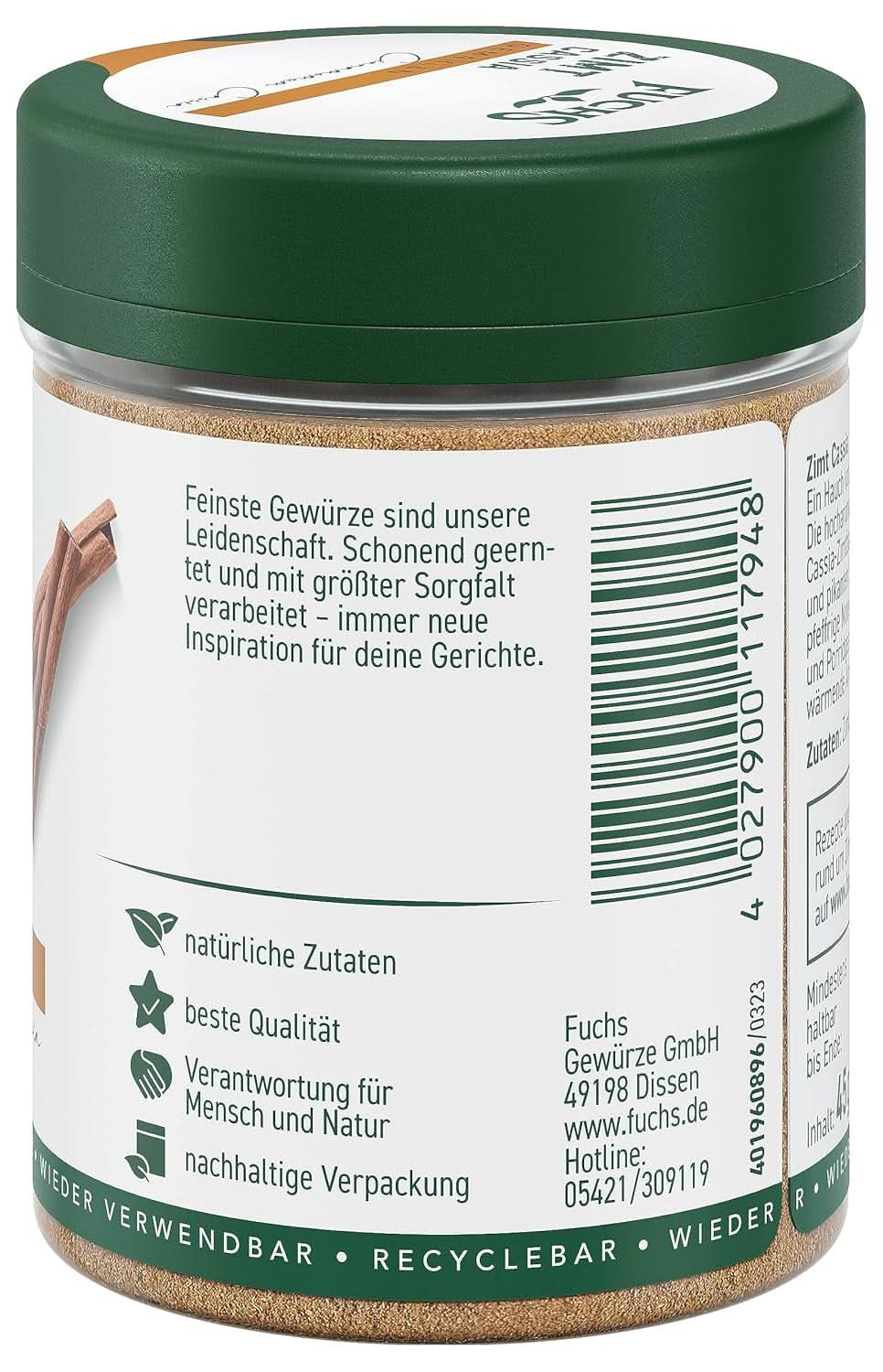 Fuchs Mielony Cynamon Cassia - Do aromatyzowania ciast, deserów lub herbat, 45 gramów Przyprawy Naty Shop