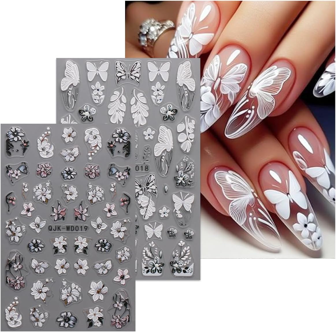 JMEOWIO Nagelsticker Schwarz Weiße Blume 6 Blatt Nail Art Naklejka Selbstklebend Nagelaufkleber Frühling Letnia dekoracja kwiatowa Nageldesign Zubehör