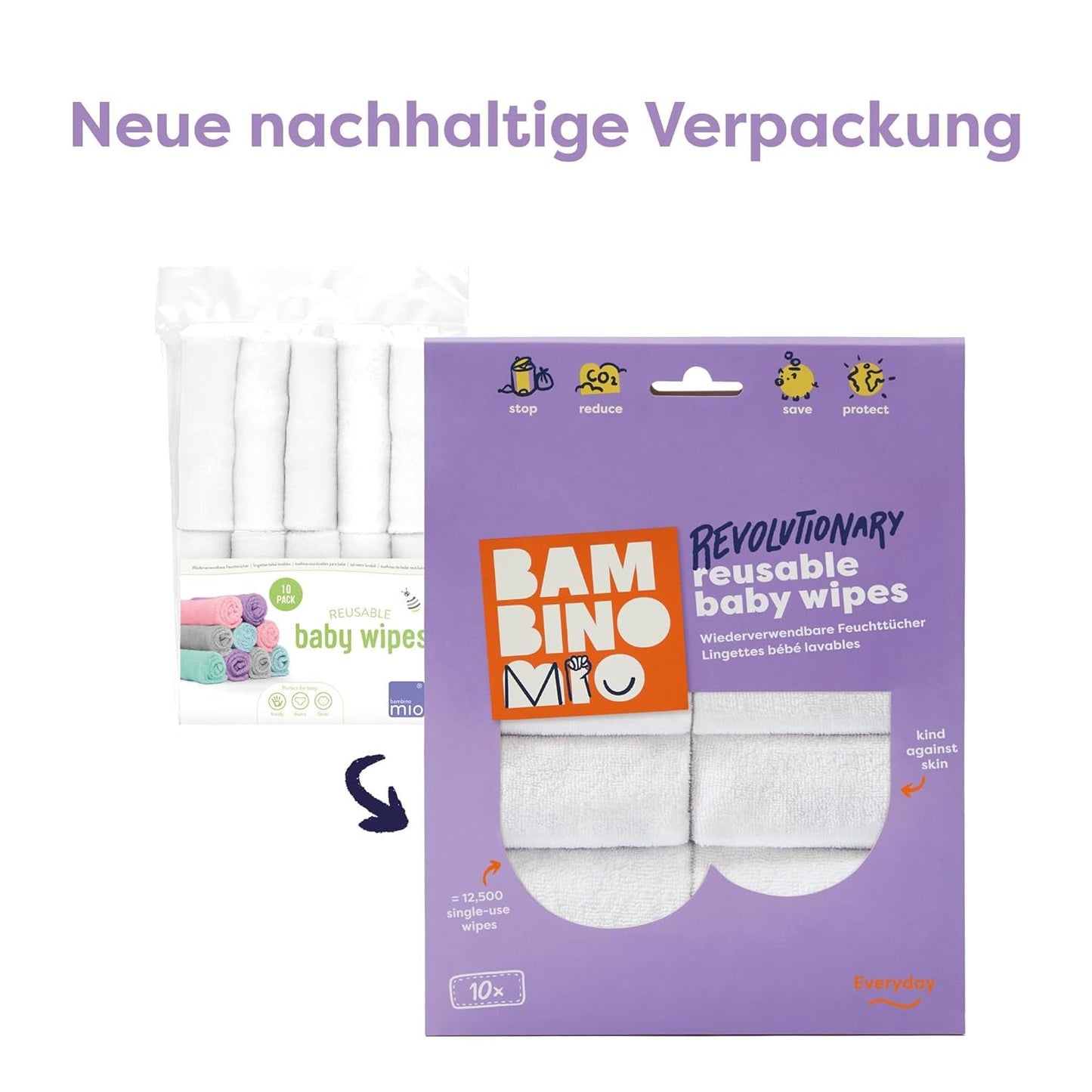 Chusteczki dla niemowląt Bambino Mio wielokrotnego użytku – podstawowe – przyjazne dla środowiska, bez substancji chemicznych, dwustronne, nadające się do prania, 10 szt., chmurka – opakowanie może się różnić