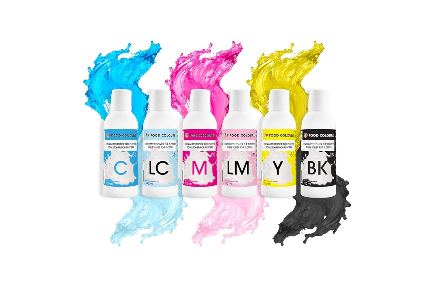 Zestaw barwników spożywczych z tuszami jadalnymi do ploterów 6 x 100 ml | Jasny Cyjan | Cyjan | Jasna Magenta | | Magenta | Żółty | Czarny | Druk jadalny, druk na papierze waflowym, dekoracyjna posypka do ciast
