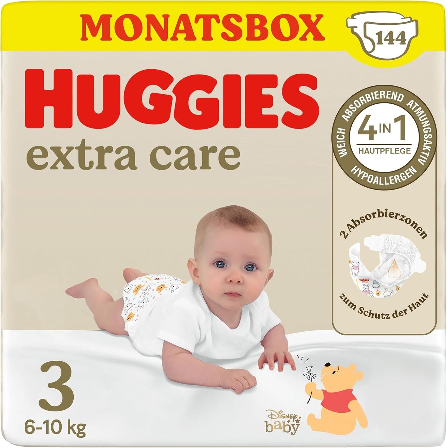 Pieluchy Huggies Extra Care Disney, rozmiar 4, 120 pieluch (2x60), pudełko miesięczne