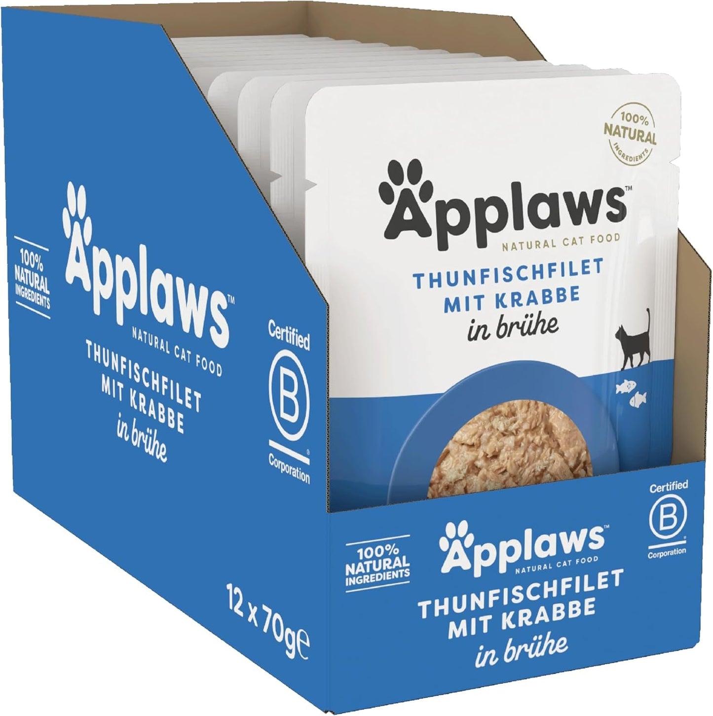 Applaws 100% naturalny Nassfutter für Katzen, Thunfischfilet mit Krabben in Brühe - Packung mit 12 x 70g Beuteln