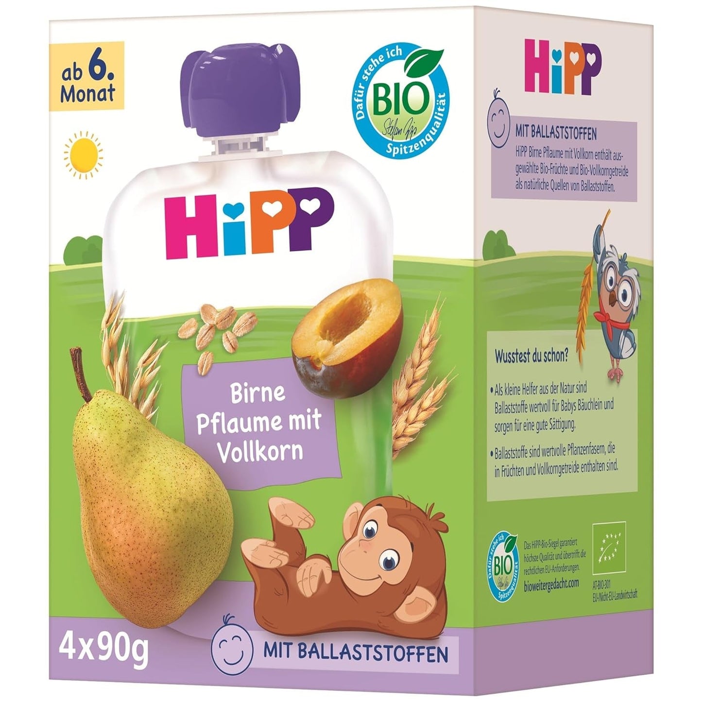 HiPP Organiczne saszetki z gruszkami i śliwkami, pełnoziarniste, 16 sztuk (4 opakowania po 4 x 90 g każde), dla dzieci od 6. miesiąca życia, bez dodatku cukru, wegańskie, najlepszej jakości organicznej