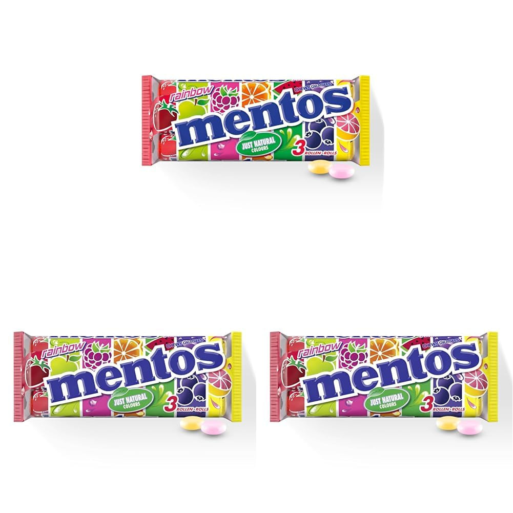 Mentos Drażeki owocowe Pomarańcza Cytryna Truskawka Cukierki do żucia o smaku owocowym (3 bułki), wegańskie (3 sztuki w zestawie)