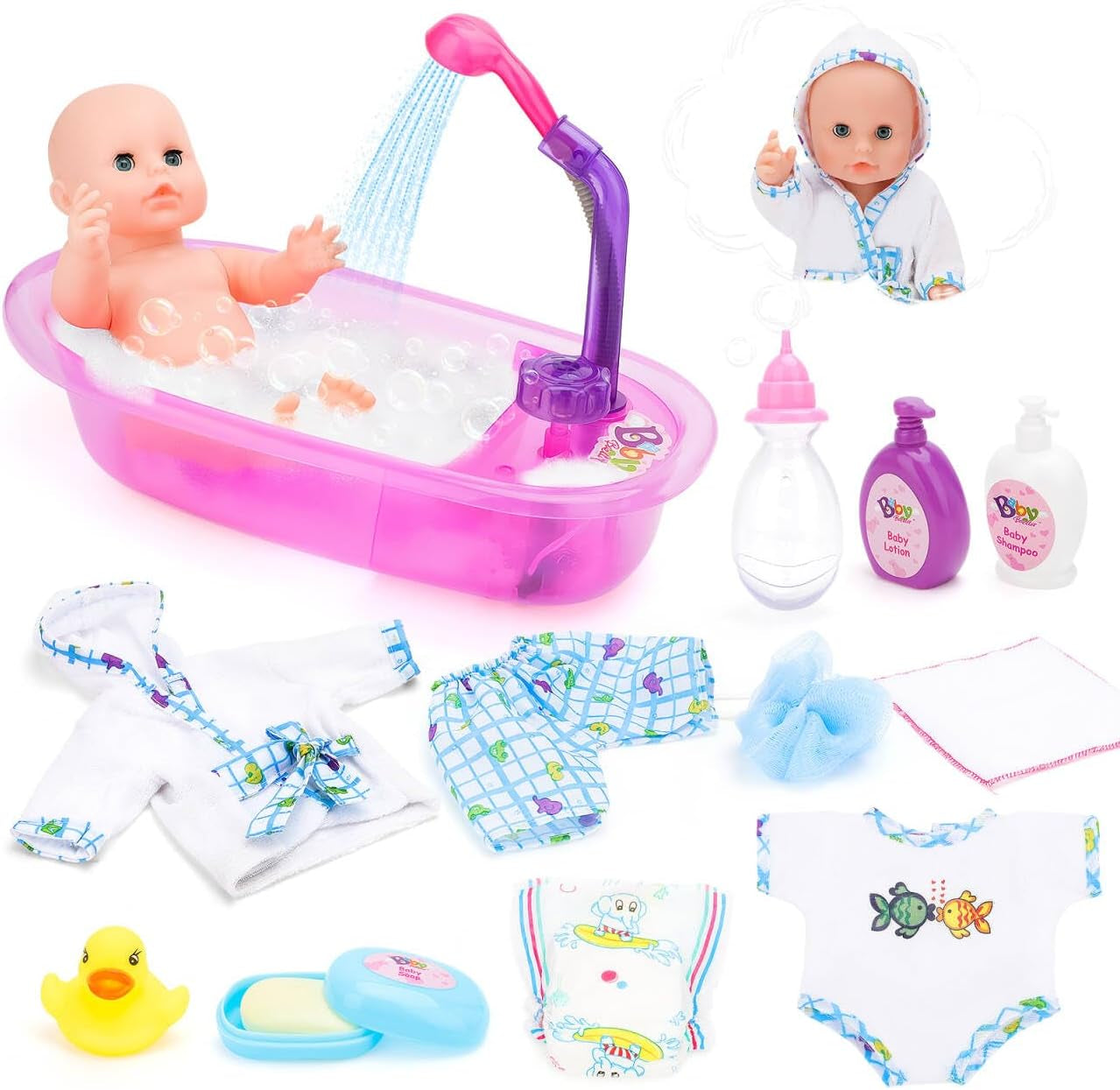 Zestaw wanny dla lalek deAO, interaktywna lalka 33 cm, wanienka dla lalek, zestaw dla lalek ze smoczkiem, ubranka dla lalek, szlafrok, pieluchy dla lalek, wanna i funkcjonalny spray pod prysznic