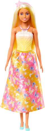 Królewska lalka Barbie z fantazyjnymi włosami i kolorowymi pasmami, kolorowymi dodatkami, gradientowym żółtym topem i spódniczką w kształcie motyla, lalki HRR09 Naty Shop