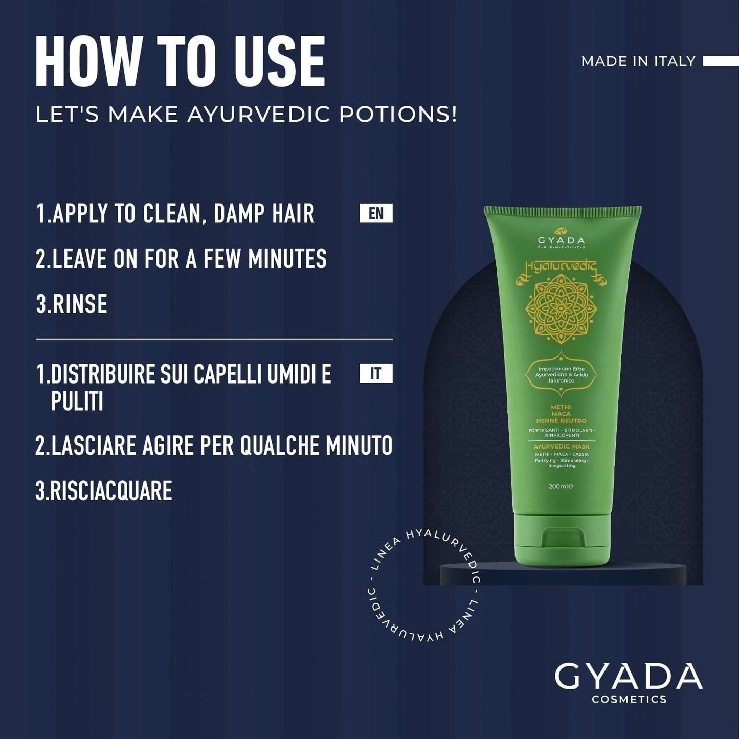 GYADA COSMETICS, Hialurwedyjski wzmacniający kompres ajurwedyjski, Profesjonalna kuracja do włosów cienkich i słabych, Przeciw puszeniu się z Methi, Maca, Henna neutralna, Maska do włosów Naty Shop 200ml