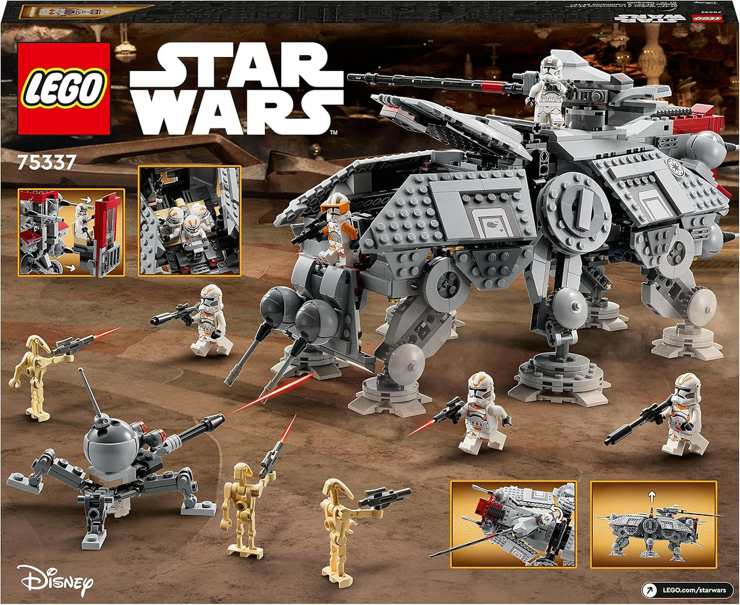 LEGO Star Wars Mobilny model zabawkowy At-Te Walker Zestaw minifigurek zawierający 3 żołnierzy-klonów, droidy bojowe i droida karłowatego 75337 Zestawy do budowania Besuche den LEGO-Store