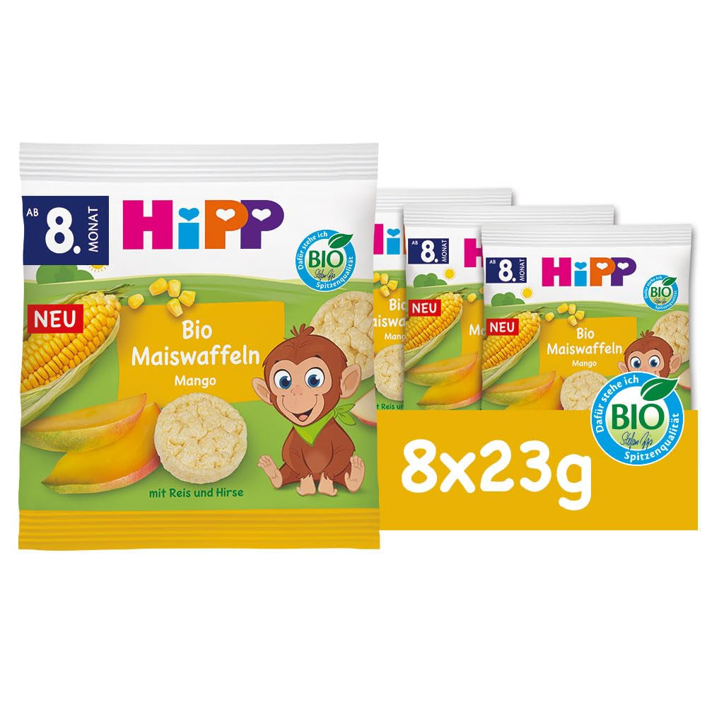 HiPP Organiczne Wafle Kukurydziane z Mango (8 x 23g), przekąska dla dzieci od 8 miesiąca, słodzona wyłącznie owocami i warzywami, bezglutenowa, najwyższej jakości organicznej