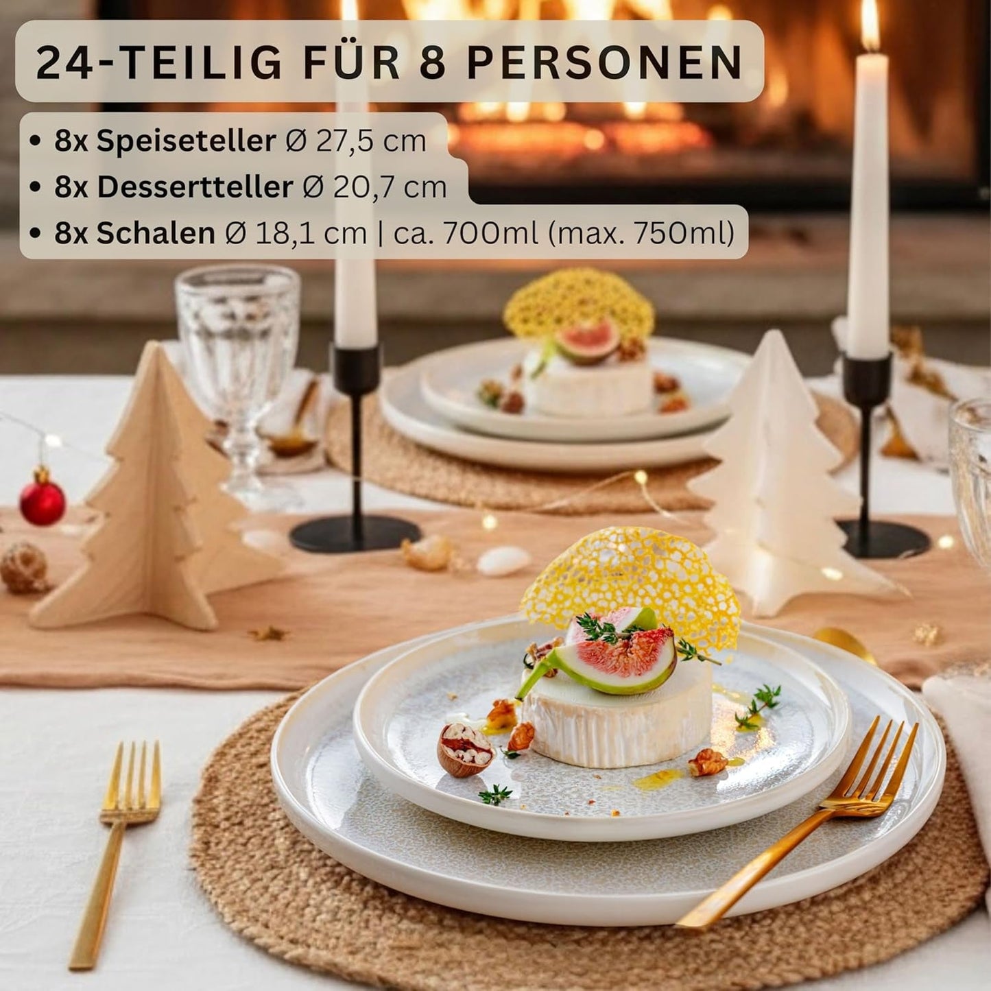 SANGER | 24-częściowy zestaw obiadowy z Korfu Serwis obiadowy na 8 ręcznie robionych ceramicznych zestawów obiadowych obejmujący talerze obiadowe Talerze deserowe i talerze Suma Kremowe naczynia stołowe o piaskowej fakturze