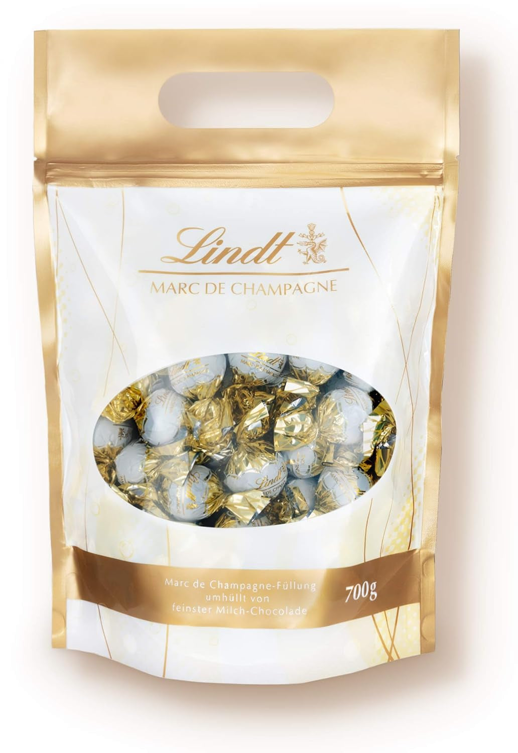 LINDOR kulki czekoladowe z solonym karmelem | ok. 80 kulek z mlecznej czekolady z nadzieniem solonym karmelem | Opakowanie zbiorcze i kulki czekoladowe Marc de Champagne | 700 gr