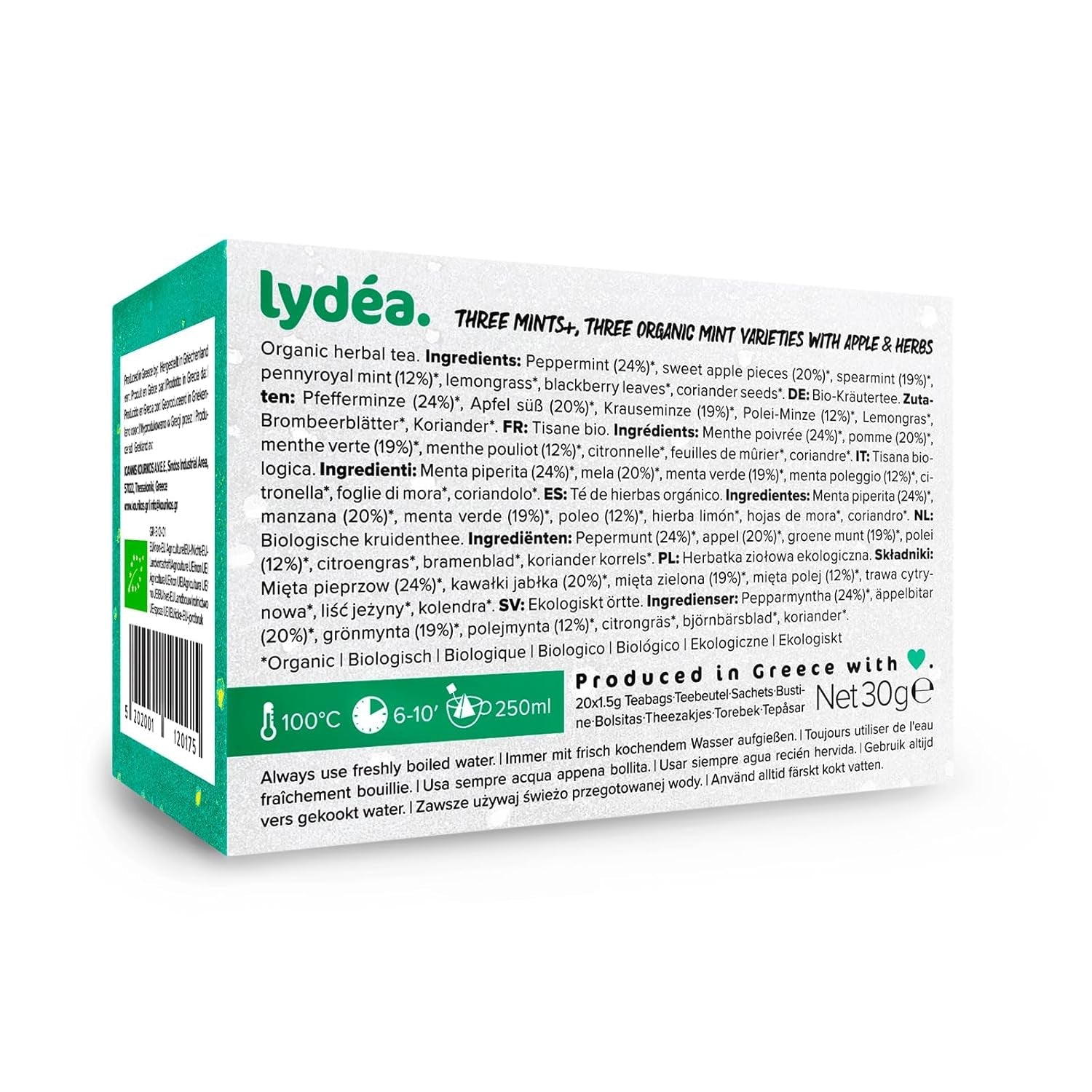 Lydea Three Mints+ Organiczna herbata ziołowa z trzema asortymentami mięty, jabłka i ziół, 60 piramidek, 3 opakowania [3 x 20 piramidek]