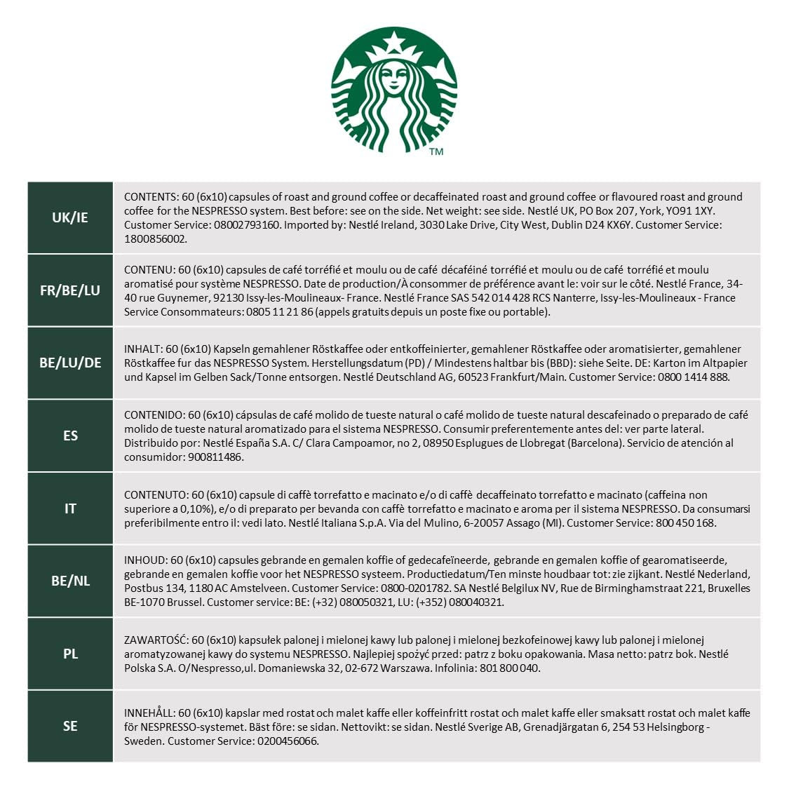 STARBUCKS Blonde Espresso Roast Entkoffeiniert marki Nespresso, Helle Röstung, Kaffeekapseln 6 x 10 (60 Kapseln)