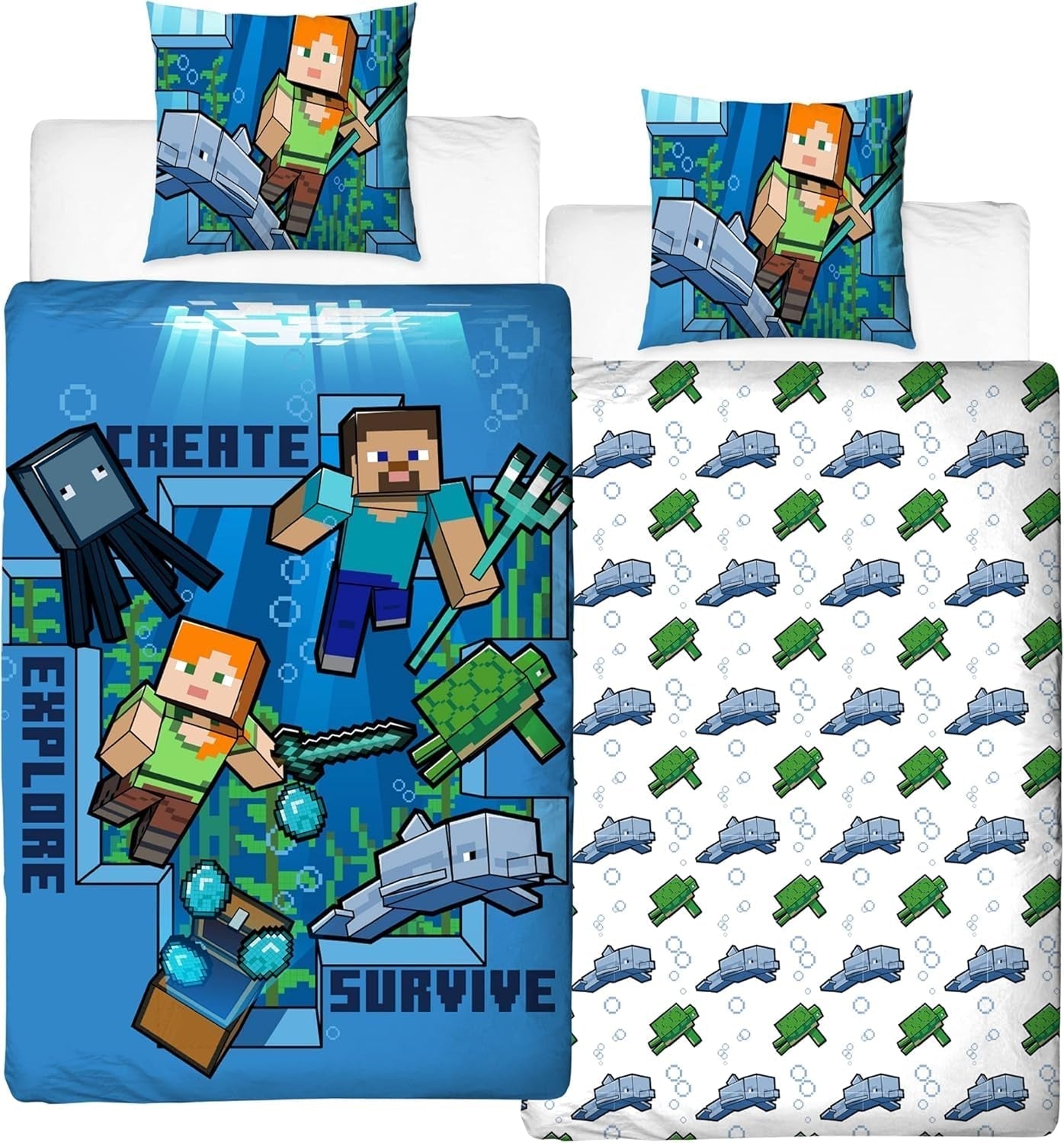 Pościel Minecraft Kinderbettwäsche Jugendbettwäsche 135X200 · Unterwasserwelt · Wende Motiv · Kissenbezug 80X80 + Bettbezug 135X200 Cm · 100% Baumwolle · Deutsche Größe Naty Shop