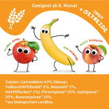 FRECHE FREUNDE Brzoskwinia Jabłko Banan Owies Organiczne puree owocowe ze zbożami w wyciskanej torebce dla niemowląt 6 miesięcy + Wegańskie 6 opakowań (6 x 100 g)