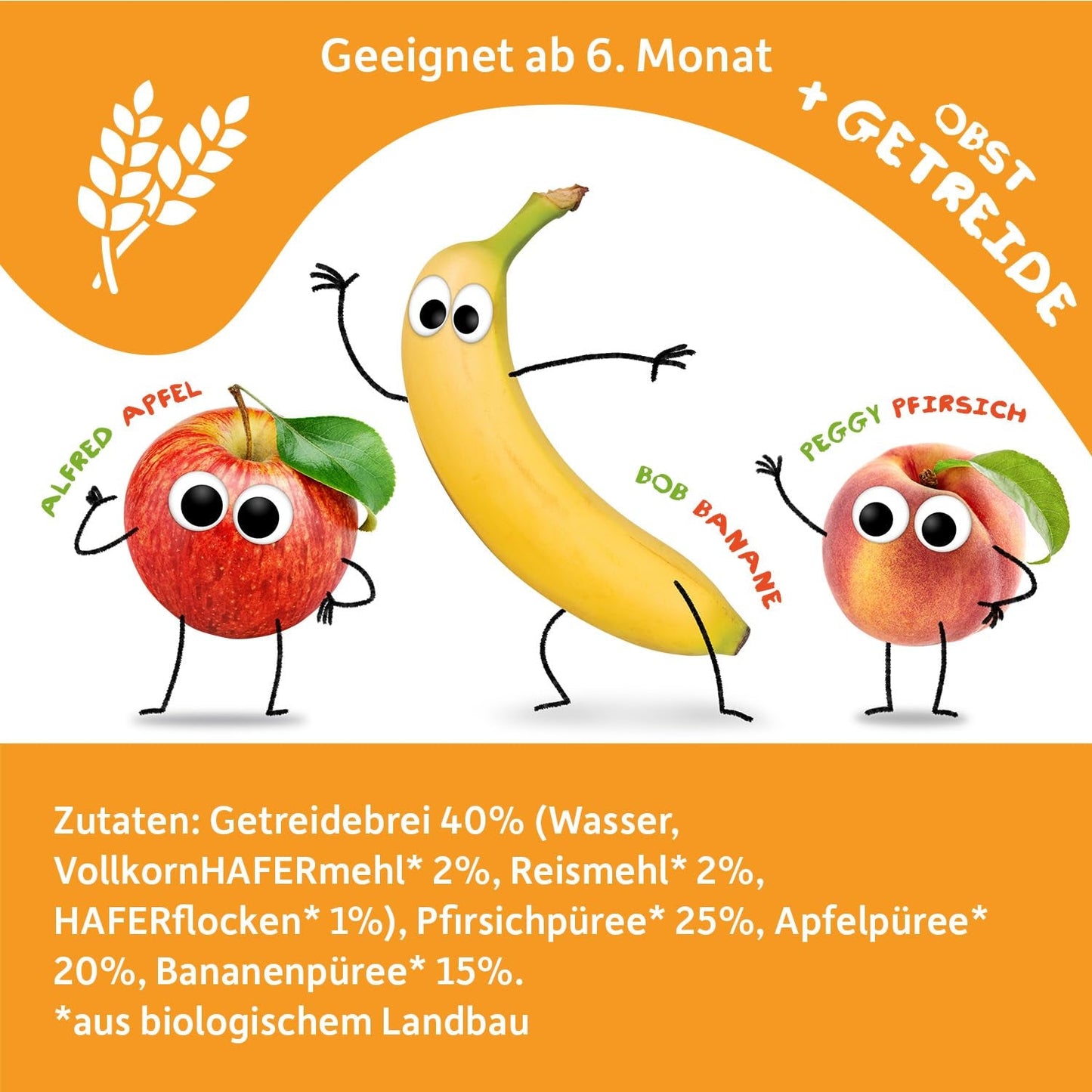 FRECHE FREUNDE Brzoskwinia Jabłko Banan Owies Organiczne puree owocowe ze zbożami w wyciskanej torebce dla niemowląt 6 miesięcy + Wegańskie 6 opakowań (6 x 100 g)