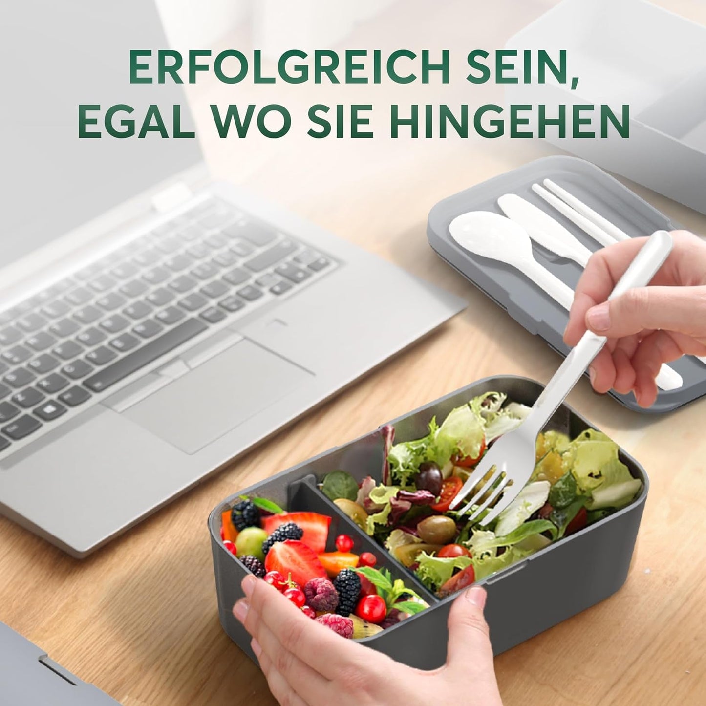 Pudełko śniadaniowe Umami dla dorosłych, Pudełko bento z możliwością sztaplowania z 4 sztućcami i przegródkami, Pudełko śniadaniowe dla dorosłych, Pojemnik na sałatkę na wynos, Pudełko na piknik / biuro na drugie śniadanie, Charcoal Grey, Pudełka do przechowywania żywności o pojemności 1500 ml Naty Shop