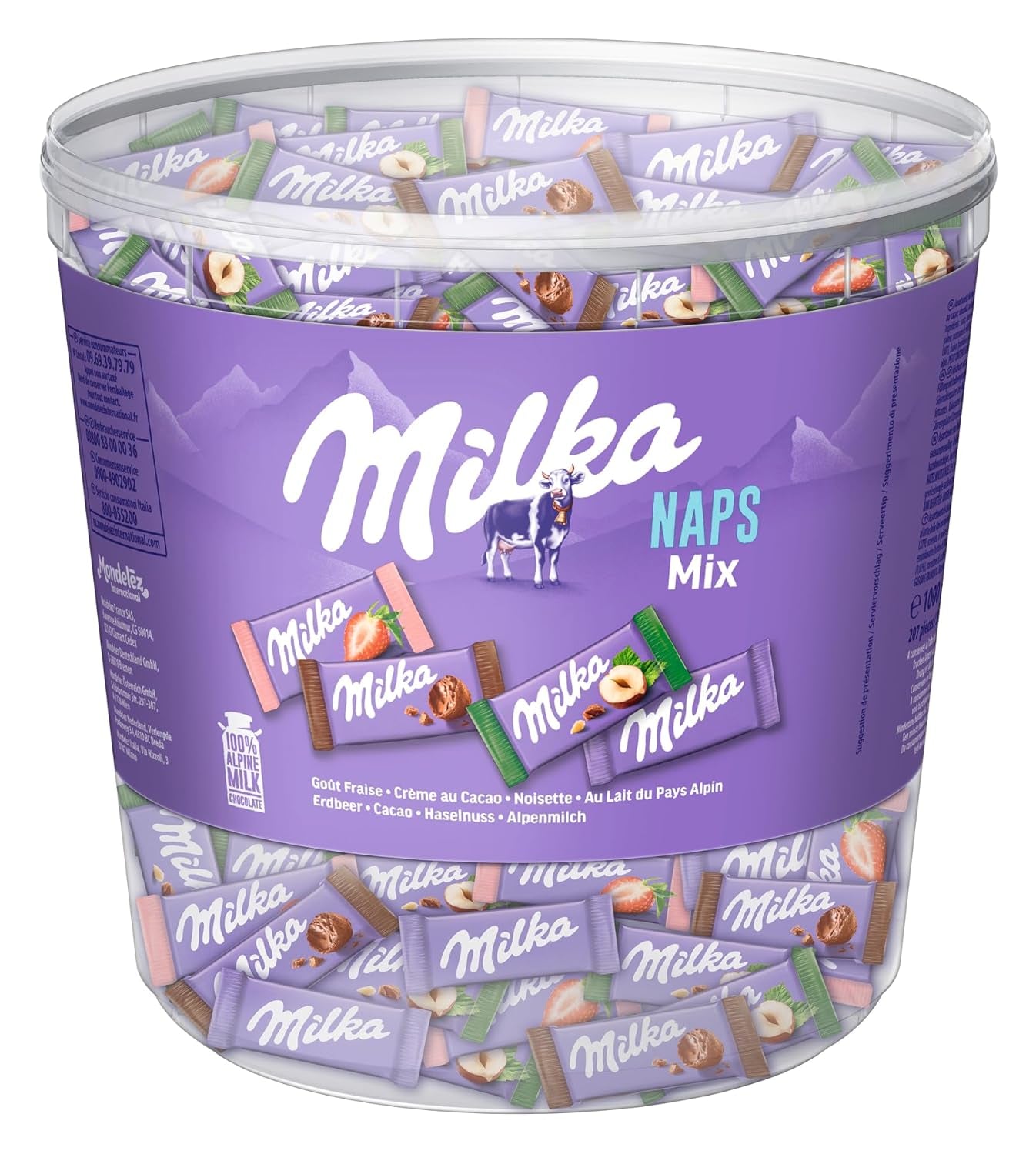 Milka Naps Mix – Mini kostki czekolady w 4 asortymentach: Mleko Alpejskie, Truskawki, Orzechy Laskowe, Krem Kakaowy – 1 x 1kg