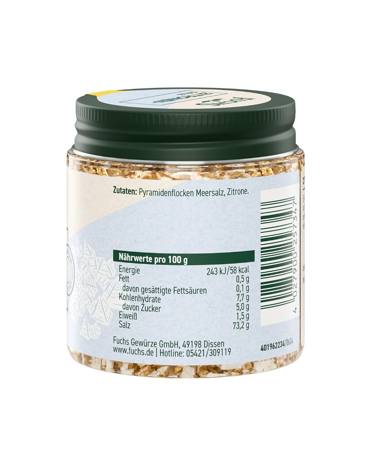 Fuchs Gewürze - Citronensalz | Toppingsalz z Pyramidenflocken i Zitrone | Chrupiące Verfeinerung für Fisch und Gemüse | Sól cytrynowa w jakości Premium | 60 g im wiederverschließbaren Gewürzglas