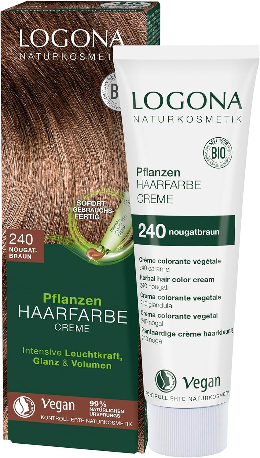 LOGONA Natural Cosmetics Roślinny krem koloryzujący do włosów 240 Nougat Brown, Naturalna farba do włosów brązowych z henną, krem koloryzujący do odcieni brązu, koloryzująca do włosów ciemnych, 150ml Farba do włosów Naty Shop 240 Nougat Brown