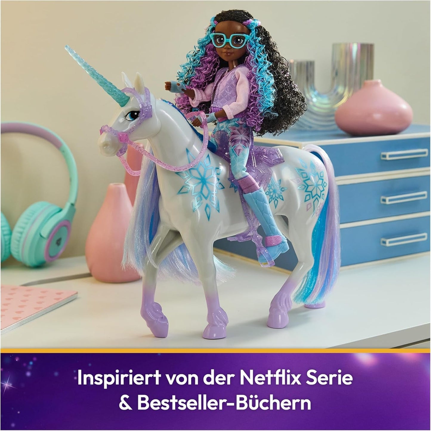 Lodowiec Unicorn Academy Unicorn — 28 cm wzrostu, oryginalny jednorożec Layla's Netflix z prawdziwą grzywą i ogonem, zdejmowaną uzdą, siodłem i szczotką, dla dzieci w wieku od 4 lat