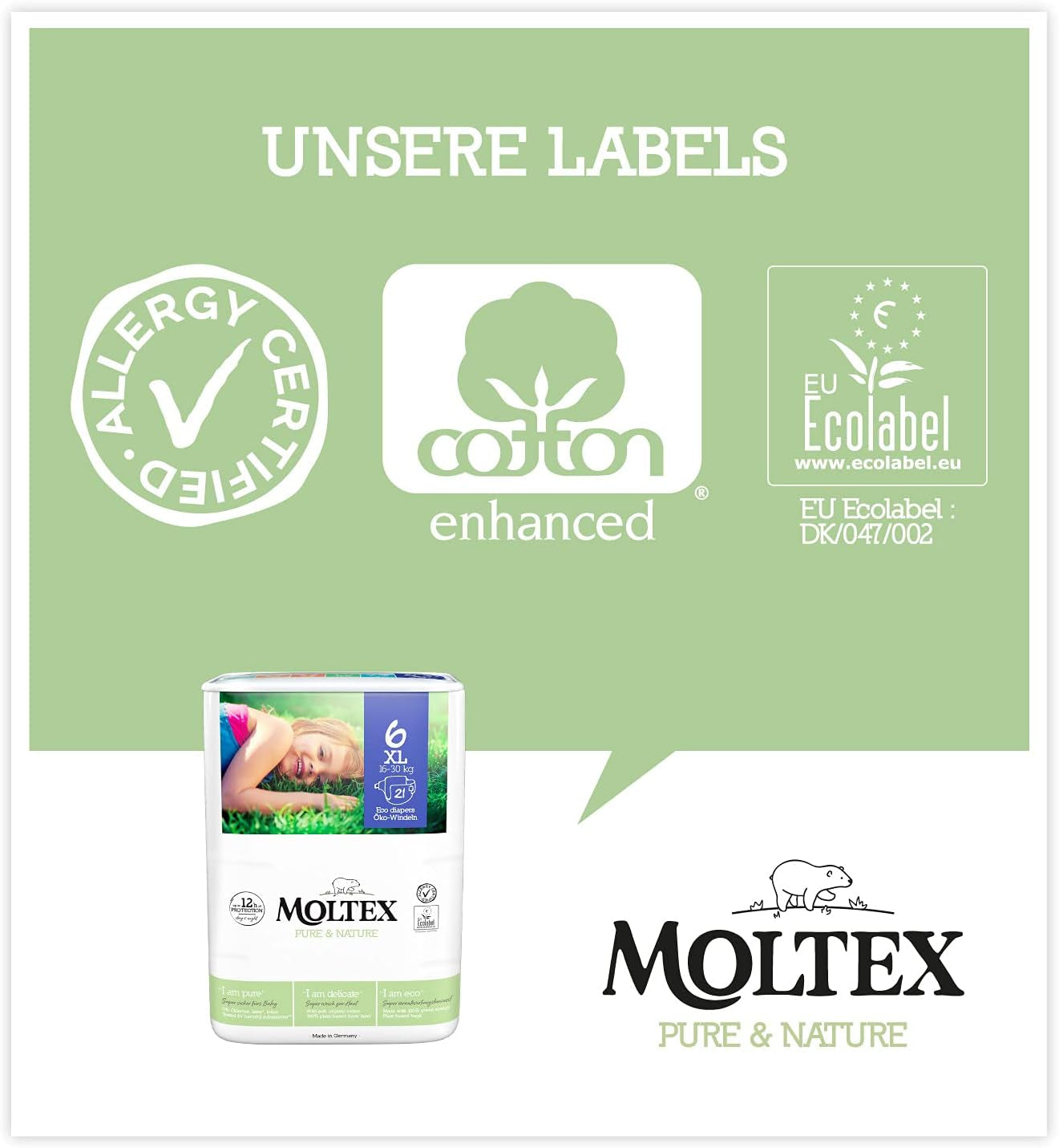 Organiczne pieluszki Pure & Nature Rozmiar 6 XL (17-28kg) Pudełko miesięczne 84 pieluszki organiczne
