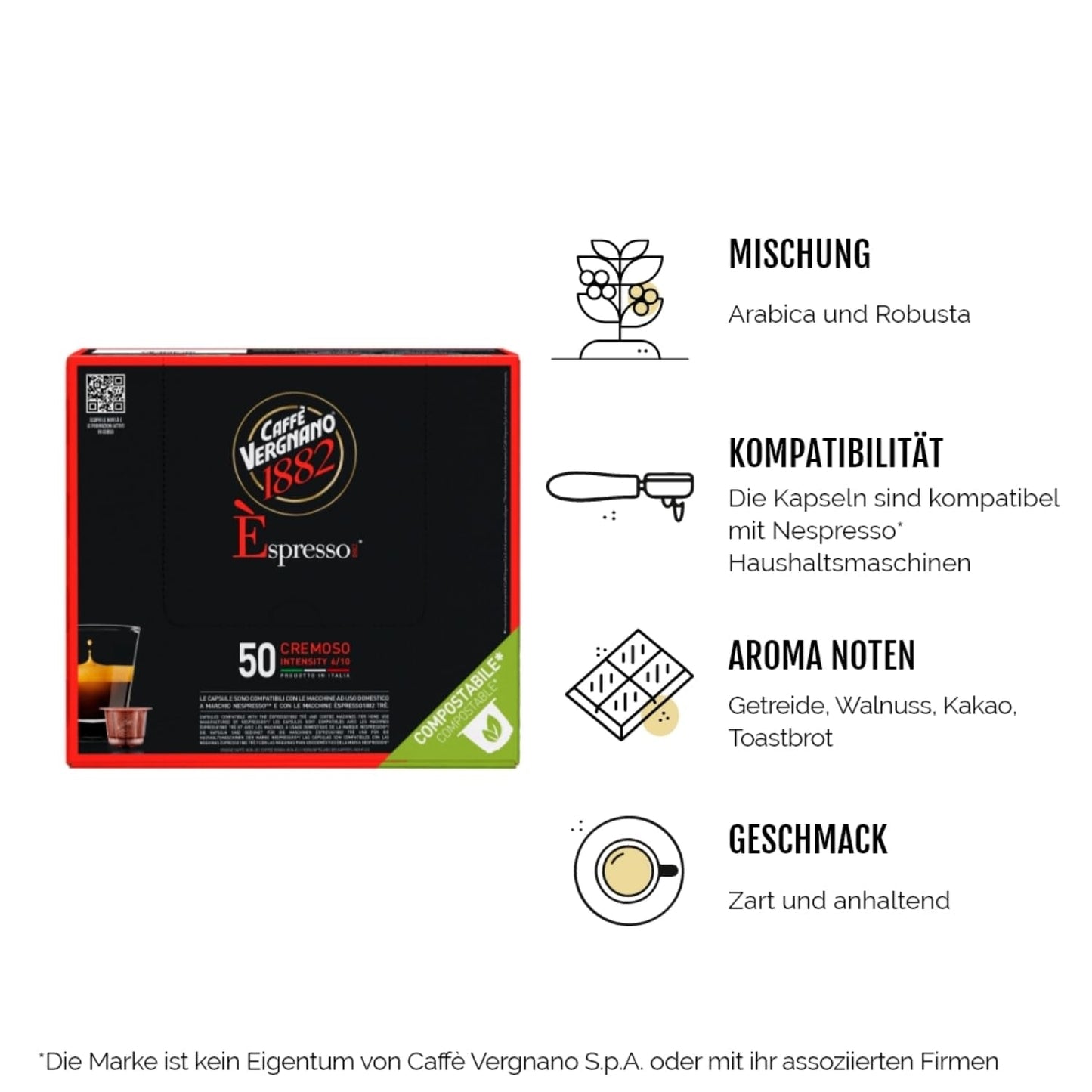 Caffè Vergnano 1882 - Èspresso Kompostierbare Kaffeekapseln, Kompatybilny z Nespresso, Cremoso (kremowy) - Packung Enthält 50 Kapseln