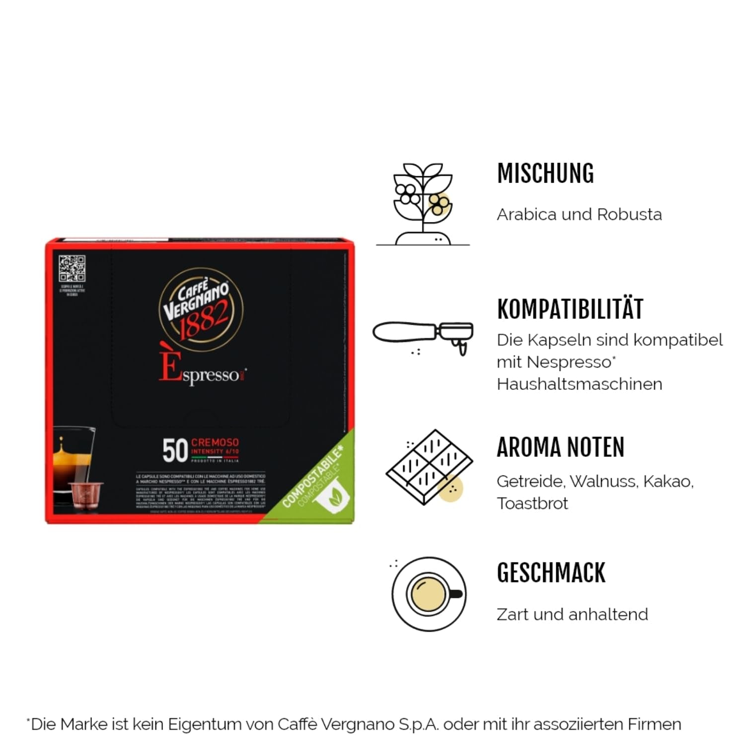 Caffè Vergnano 1882 - Èspresso Kompostierbare Kaffeekapseln, Kompatybilny z Nespresso, Cremoso (kremowy) - Packung Enthält 50 Kapseln
