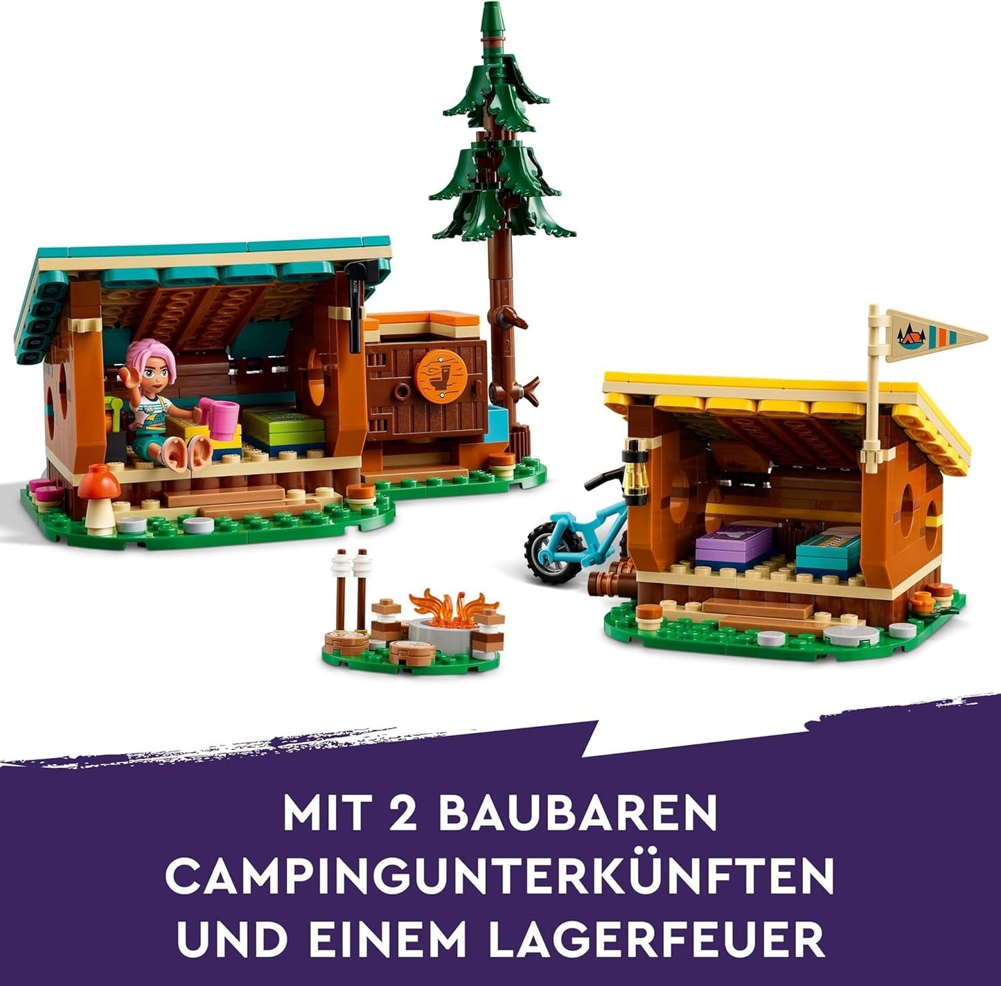LEGO Friends Przytulne chatki na obozie przygodowym, zestaw do odgrywania ról na świeżym powietrzu, zabawka dla dziewcząt i chłopców od 7 lat z 3 figurkami i lisem, zabawka kempingowa 42624 Zestawy do budowania Besuche den LEGO-Store